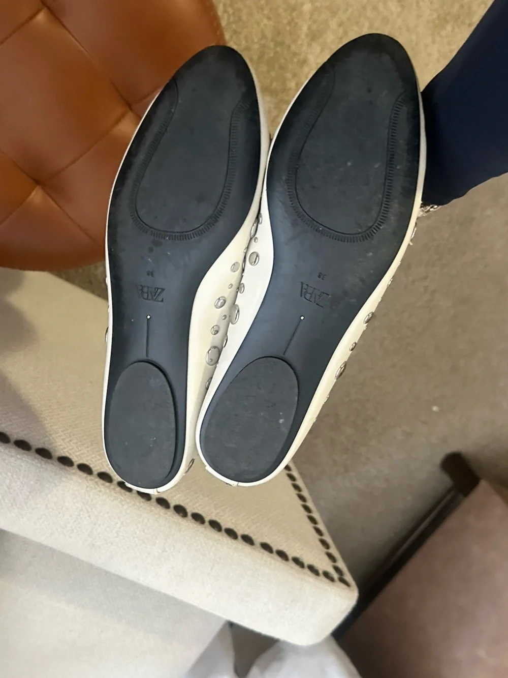 Zara Cream Studded Pointed Ballet Flats